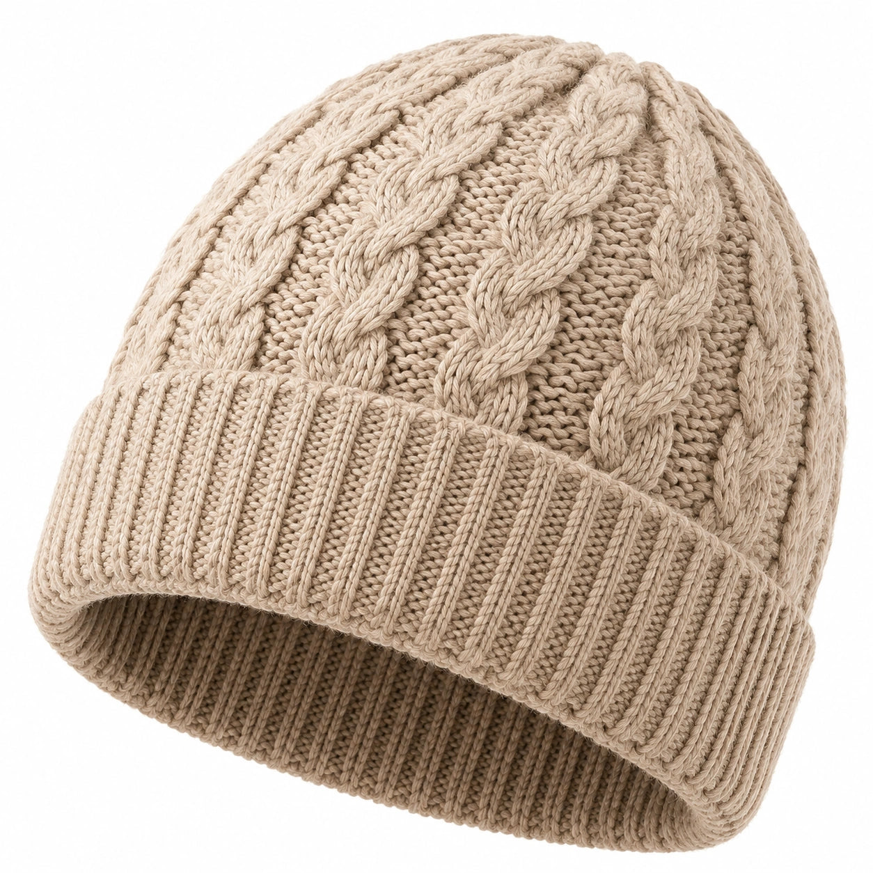 Berretto taglia unica in maglia beige a trecce con risvolto
