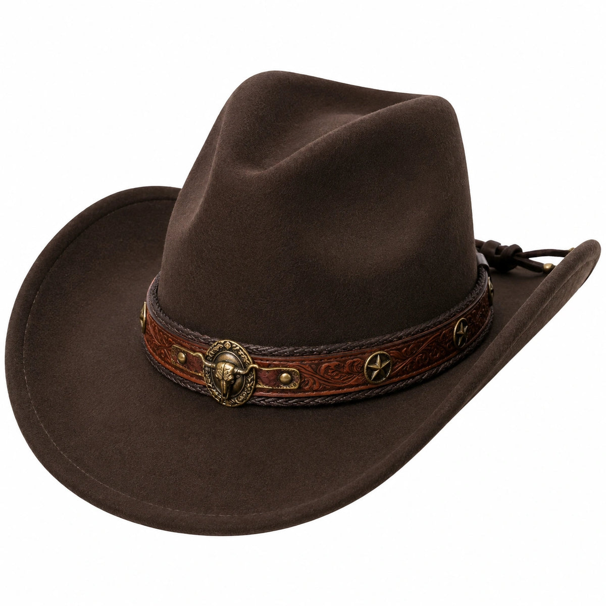 Cappello western taglia unica marrone in tessuto effetto feltro con fascia decorativa regolabile