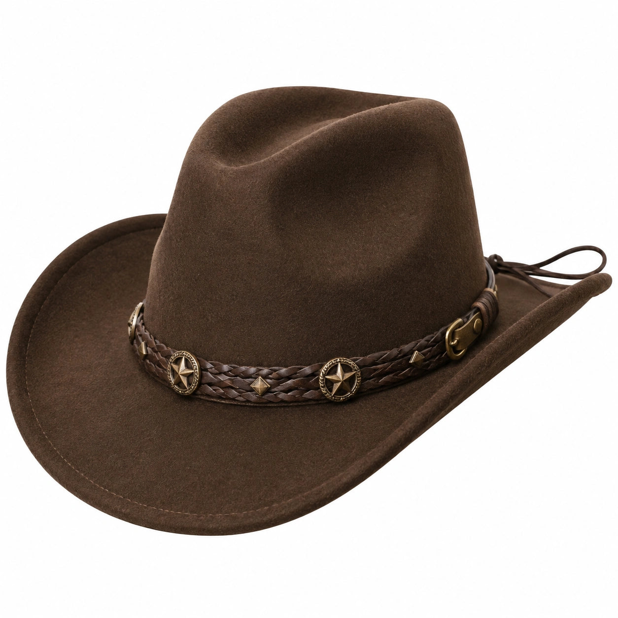 Cappello da cowboy taglia unica in feltro marrone con fascia intrecciata regolabile