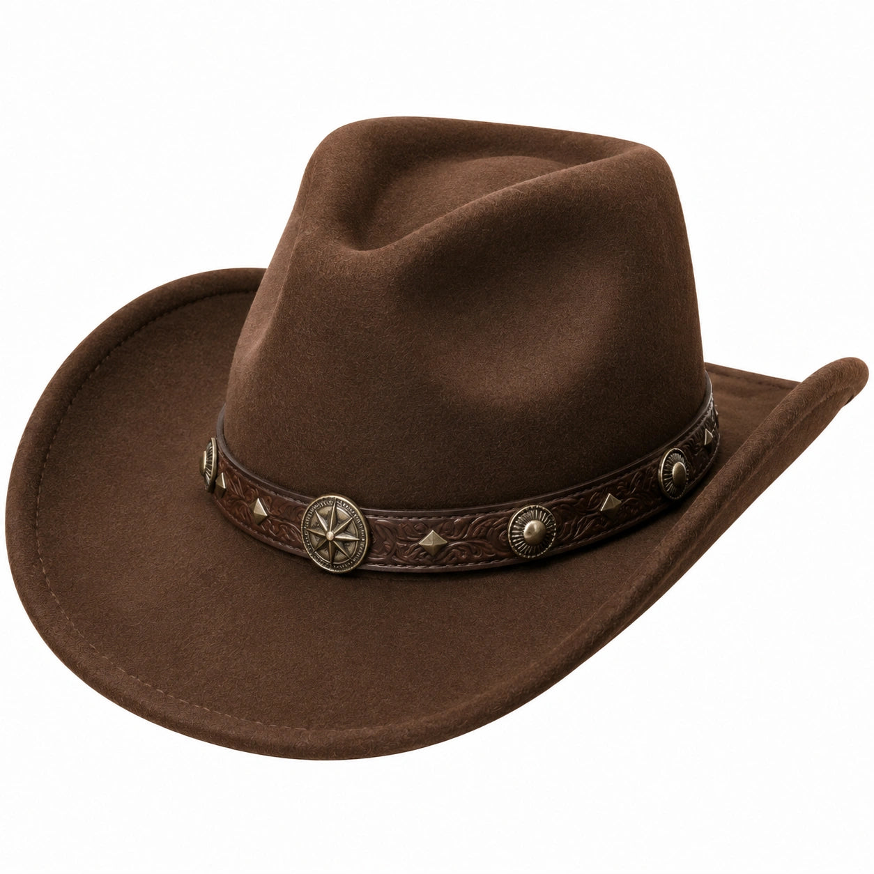 Cappello cowboy taglia unica in tessuto effetto camoscio marrone con fascia decorativa stile western