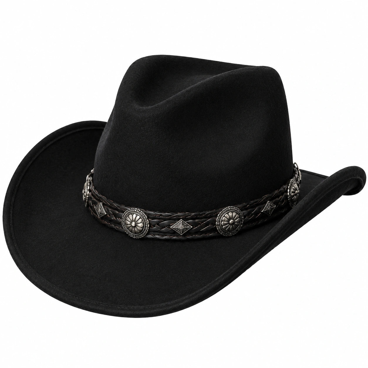 Cappello cowboy taglia unica in feltro nero con fascia intrecciata stile western