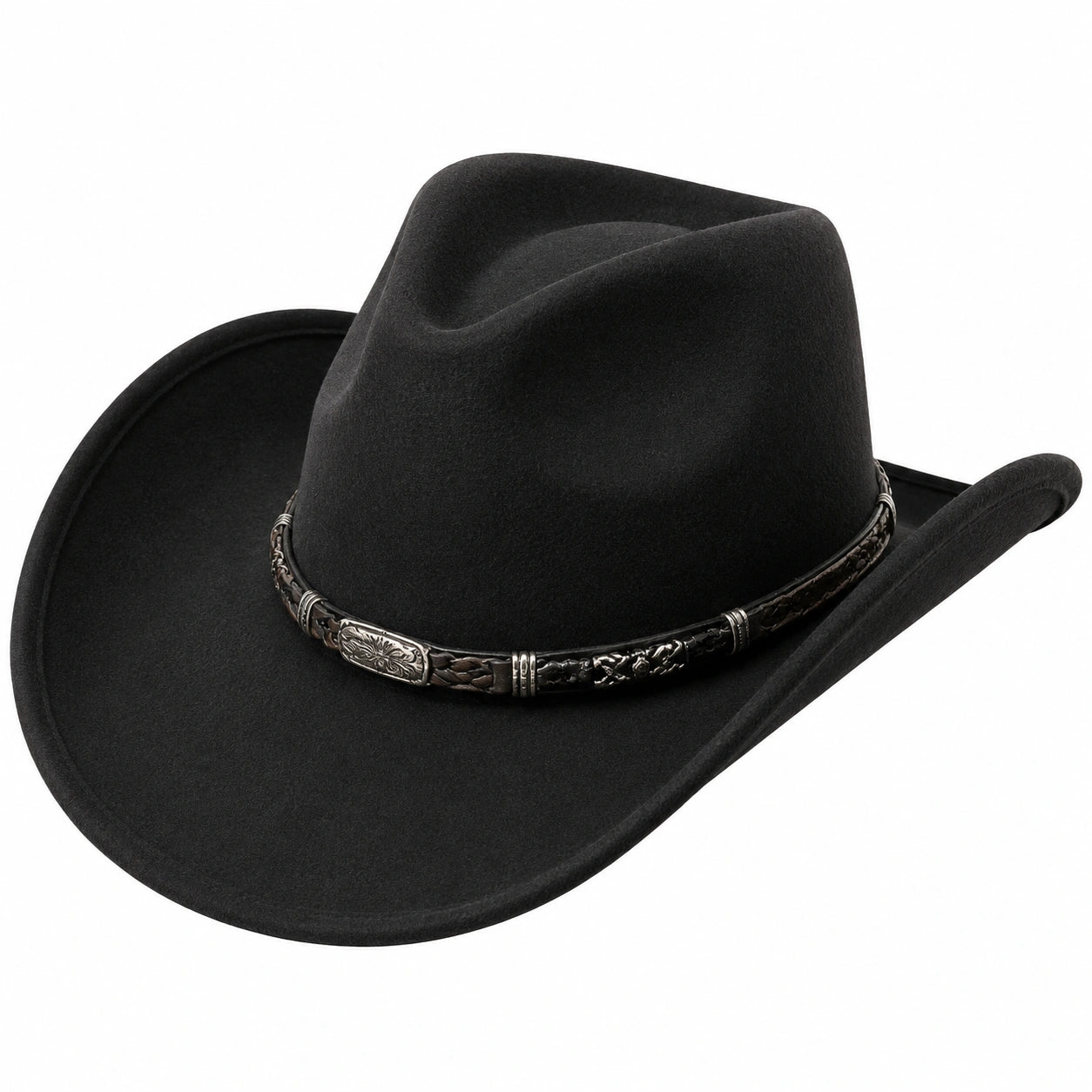 Cappello cowboy taglia unica in tessuto nero con fascia decorativa stile western