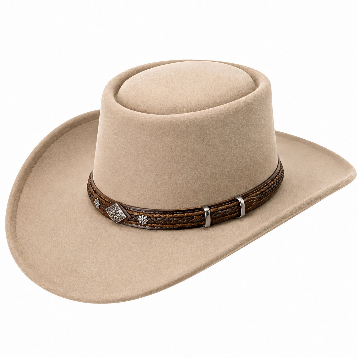 Cappello da cowboy beige in feltro sintetico con fascia decorativa - taglia unica