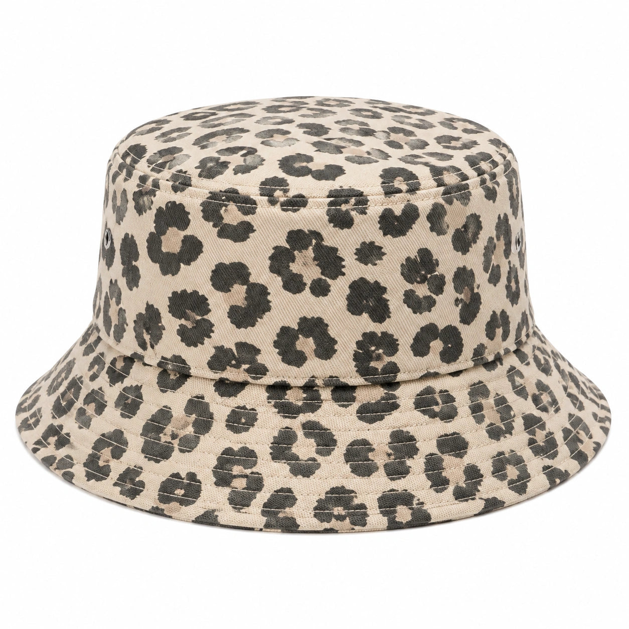 Cappello pescatore taglia unica in tessuto beige e nero con stampa leopardata