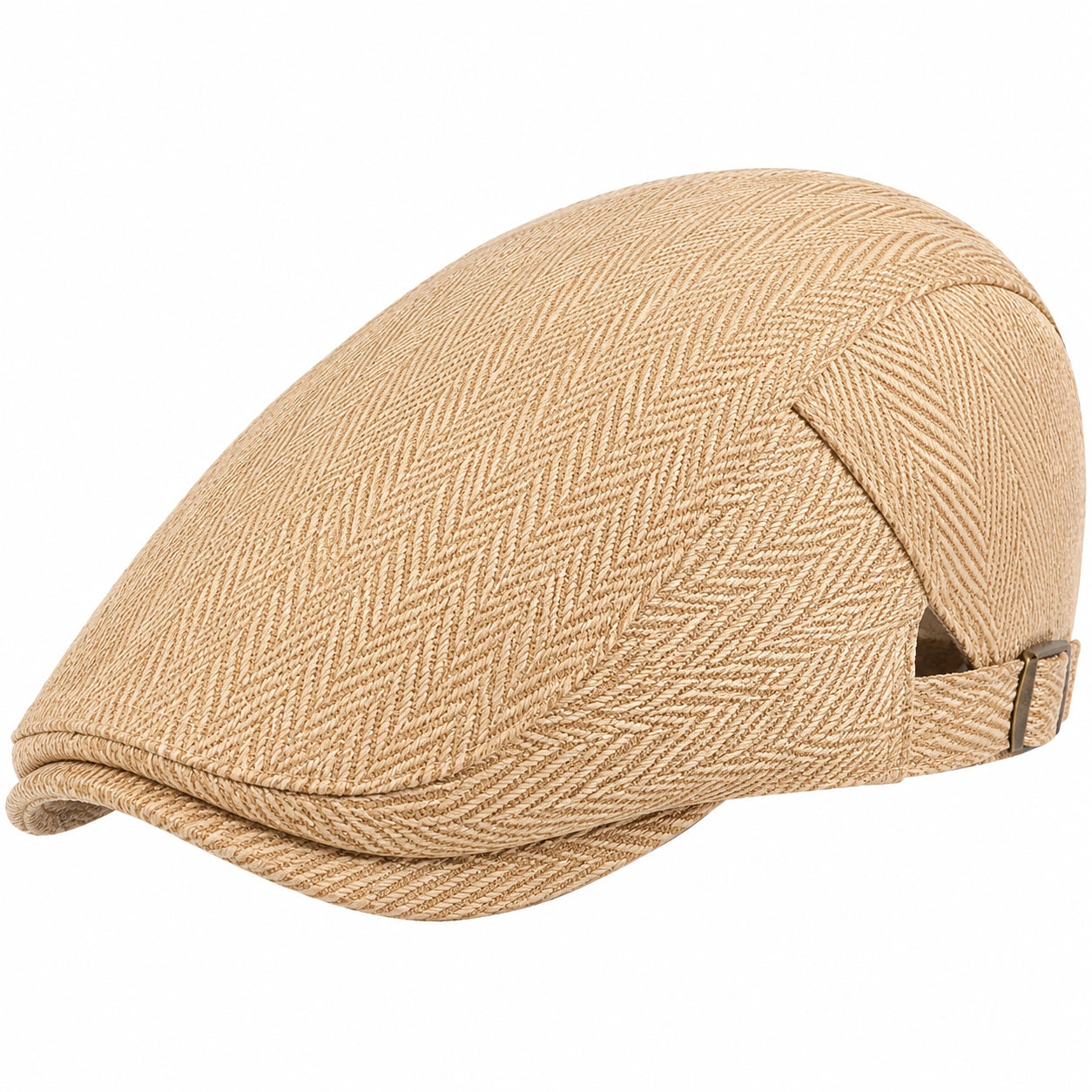Berretto piatto taglia unica in tessuto beige con motivo spigato regolabile stile casual